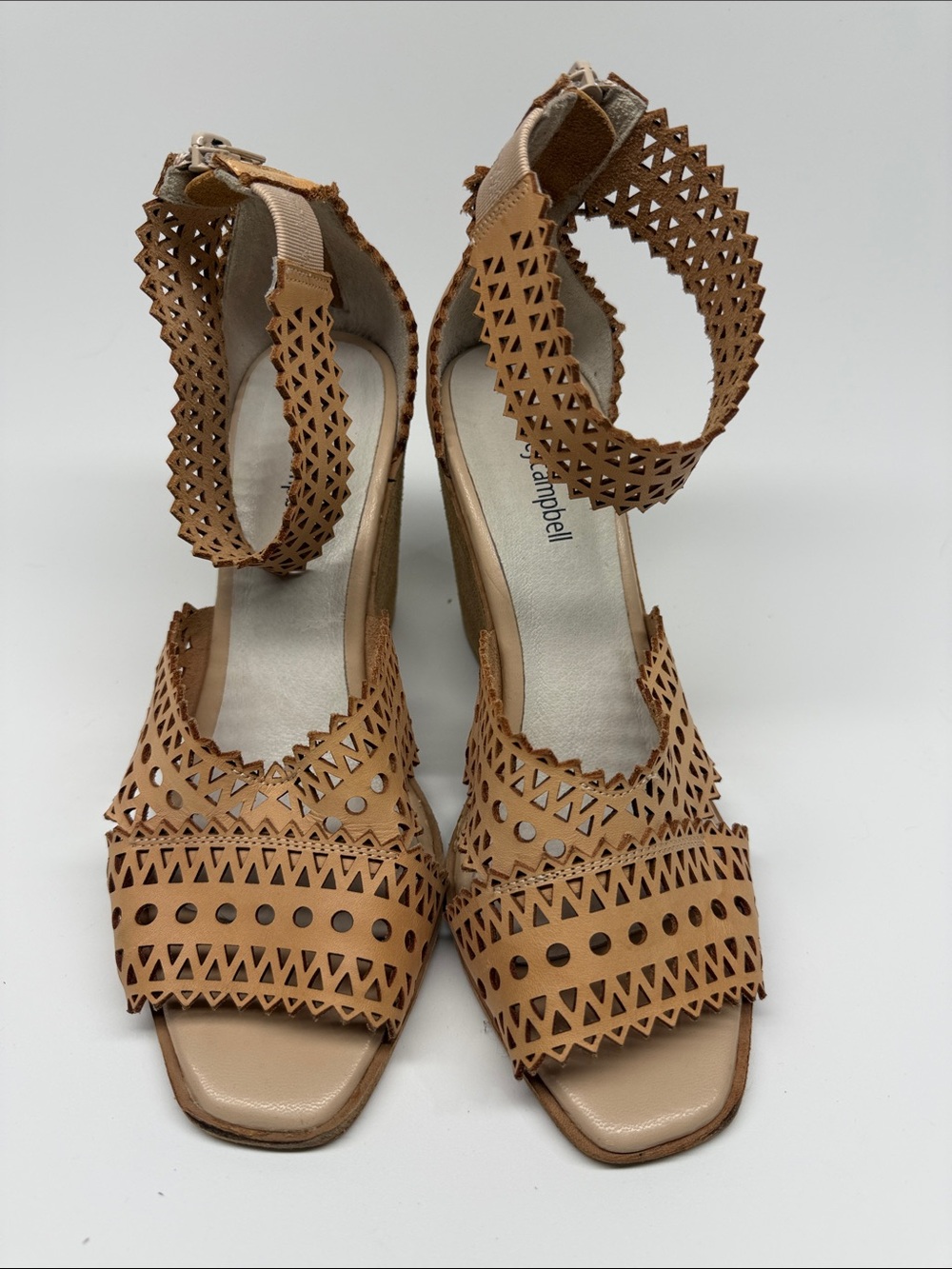 Jeffrey Campbell Tan Laser-Cut Ankle-Strap Wedge Sandals